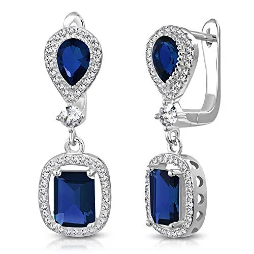 925 Sterling Silver Rectangular Teardrop Blue Sapphire-Tone CZ Drop Dangle Earrings, 1.2"