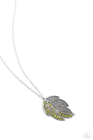 A Mid-AUTUMN Nights Dream - Green - Rhinestone Leaf Pendant Paparazzi Short Necklace