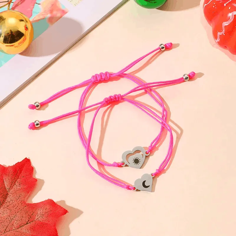 Adjustable Mother and Daughter Sun and Moon Heart Wish Bracelets with Presentation Card - Neon Pink