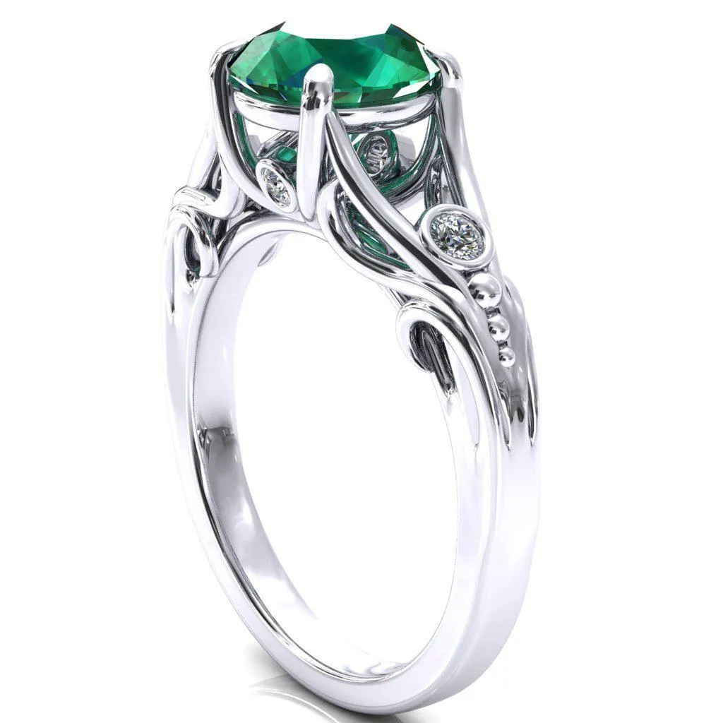 Aerolynn Round Emerald 4 Prong Diamond Accent Engagement Ring