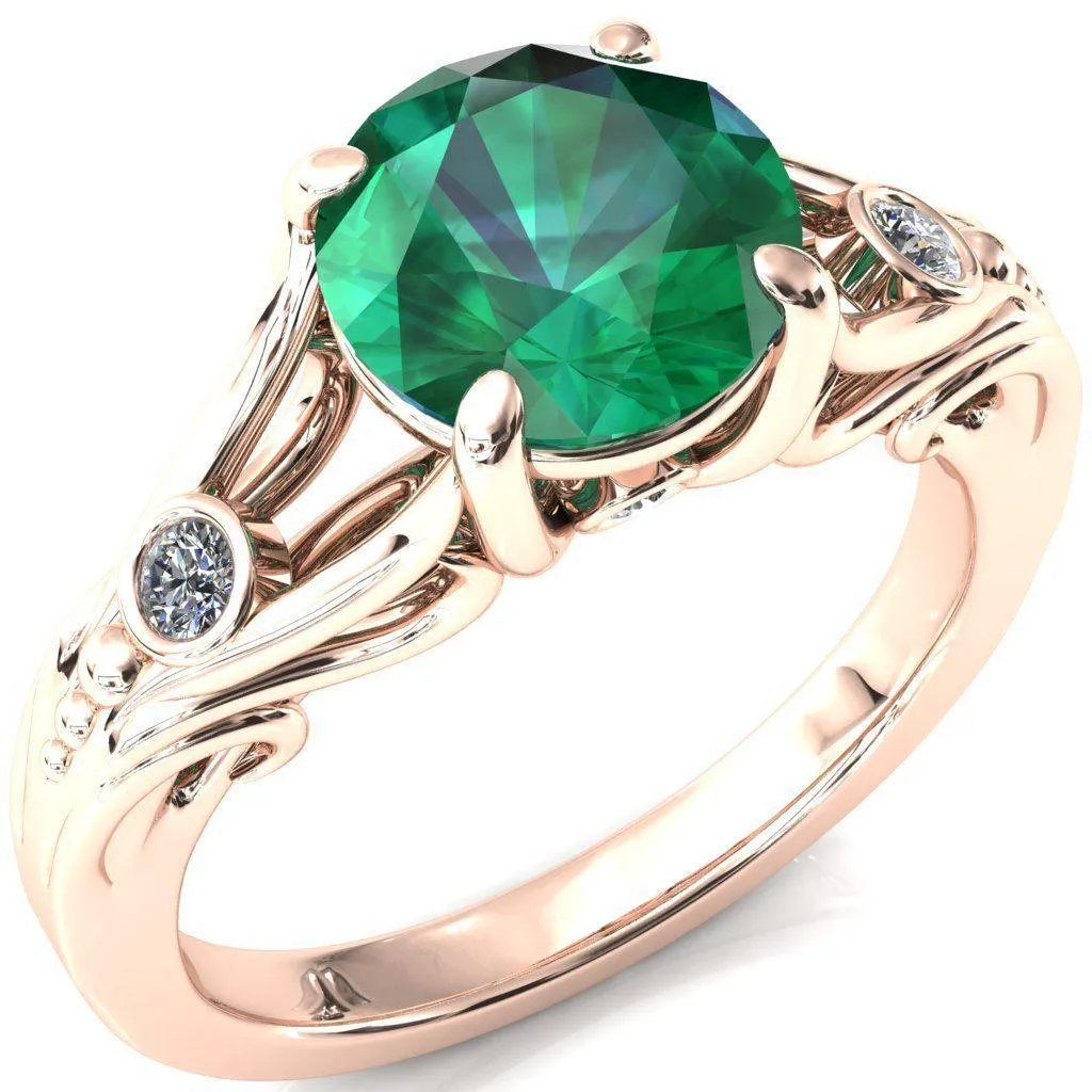 Aerolynn Round Emerald 4 Prong Diamond Accent Engagement Ring