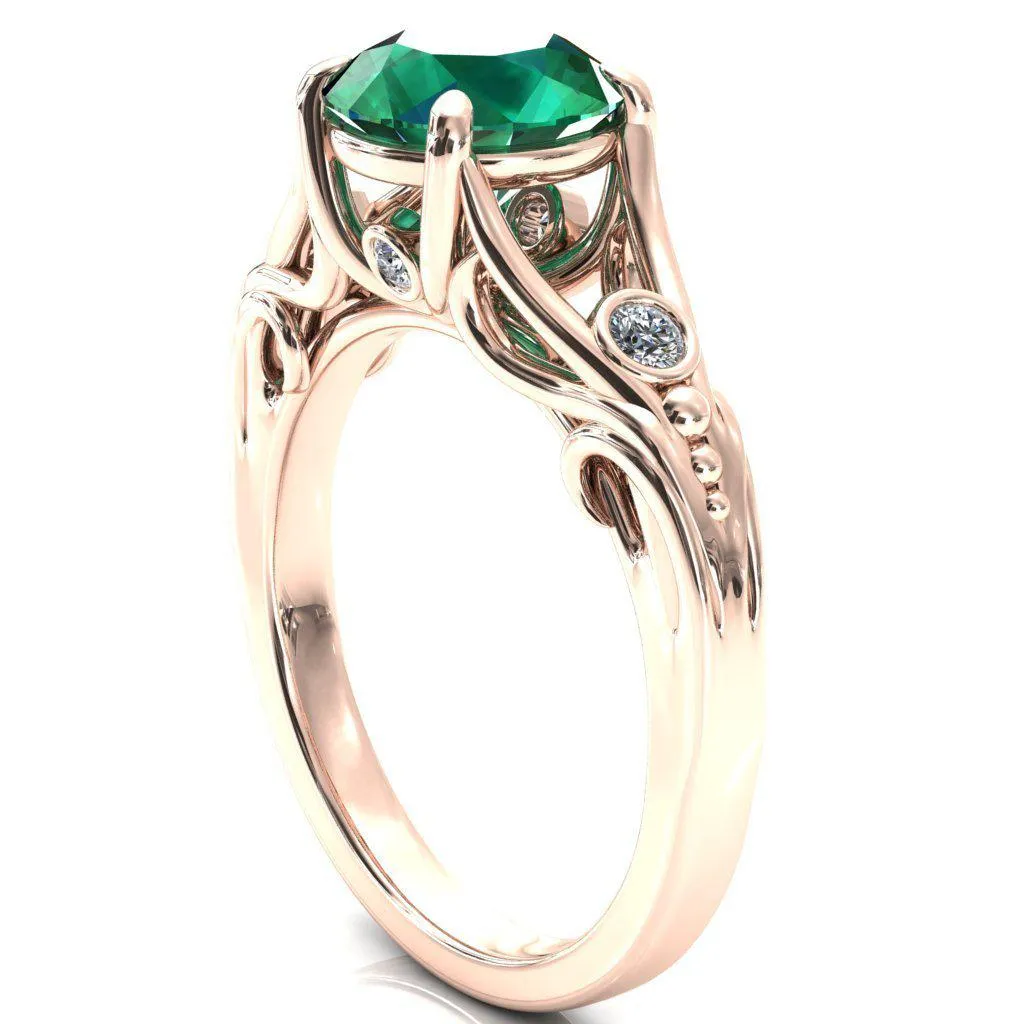 Aerolynn Round Emerald 4 Prong Diamond Accent Engagement Ring