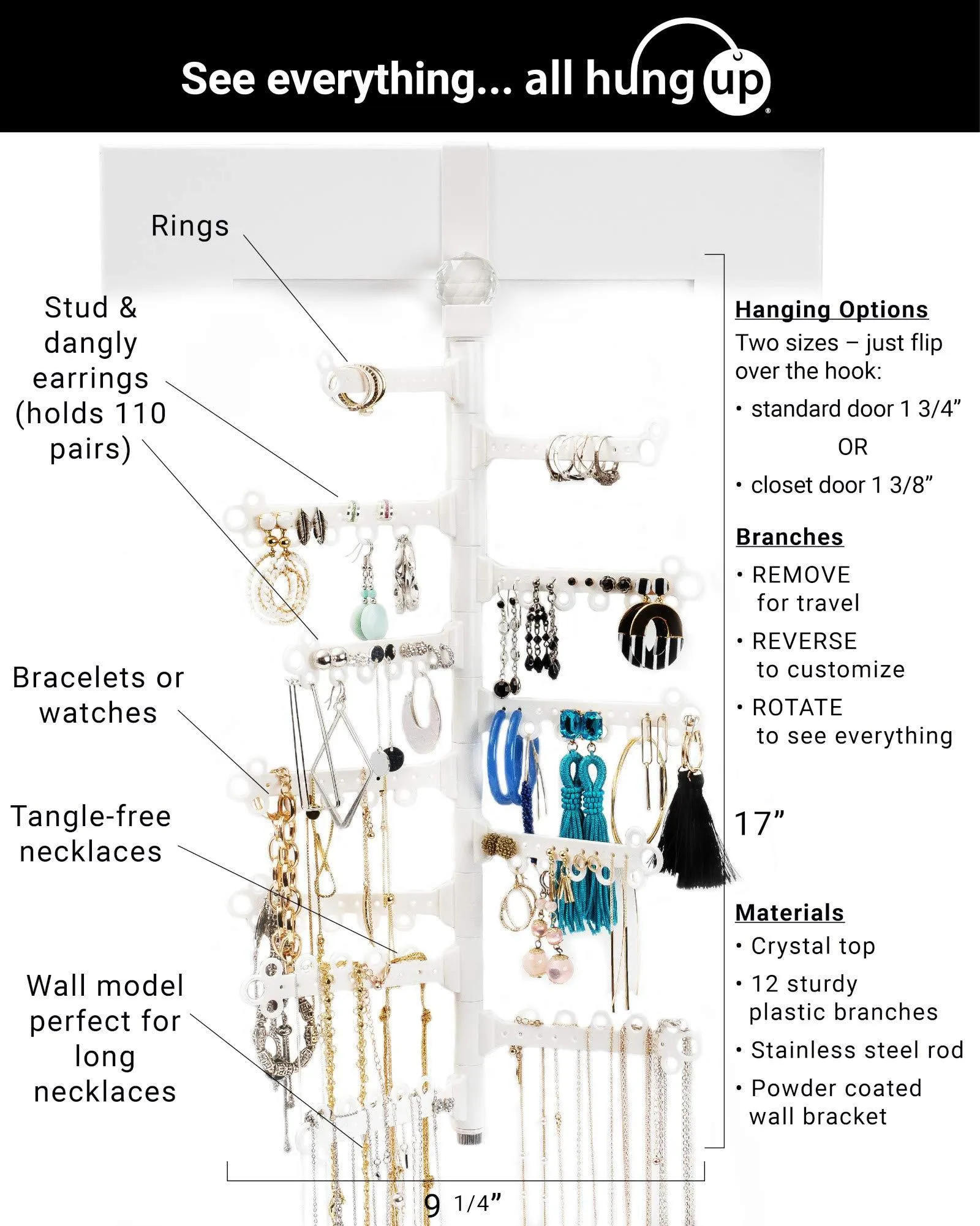 All Hung Up 12-Tier Extra Capacity Over The Door OR Wall Mounted Jewelry Organizer - Display Everything - Save Space - Long Necklaces, Earrings (110 Pairs), Rings, Bracelets - White