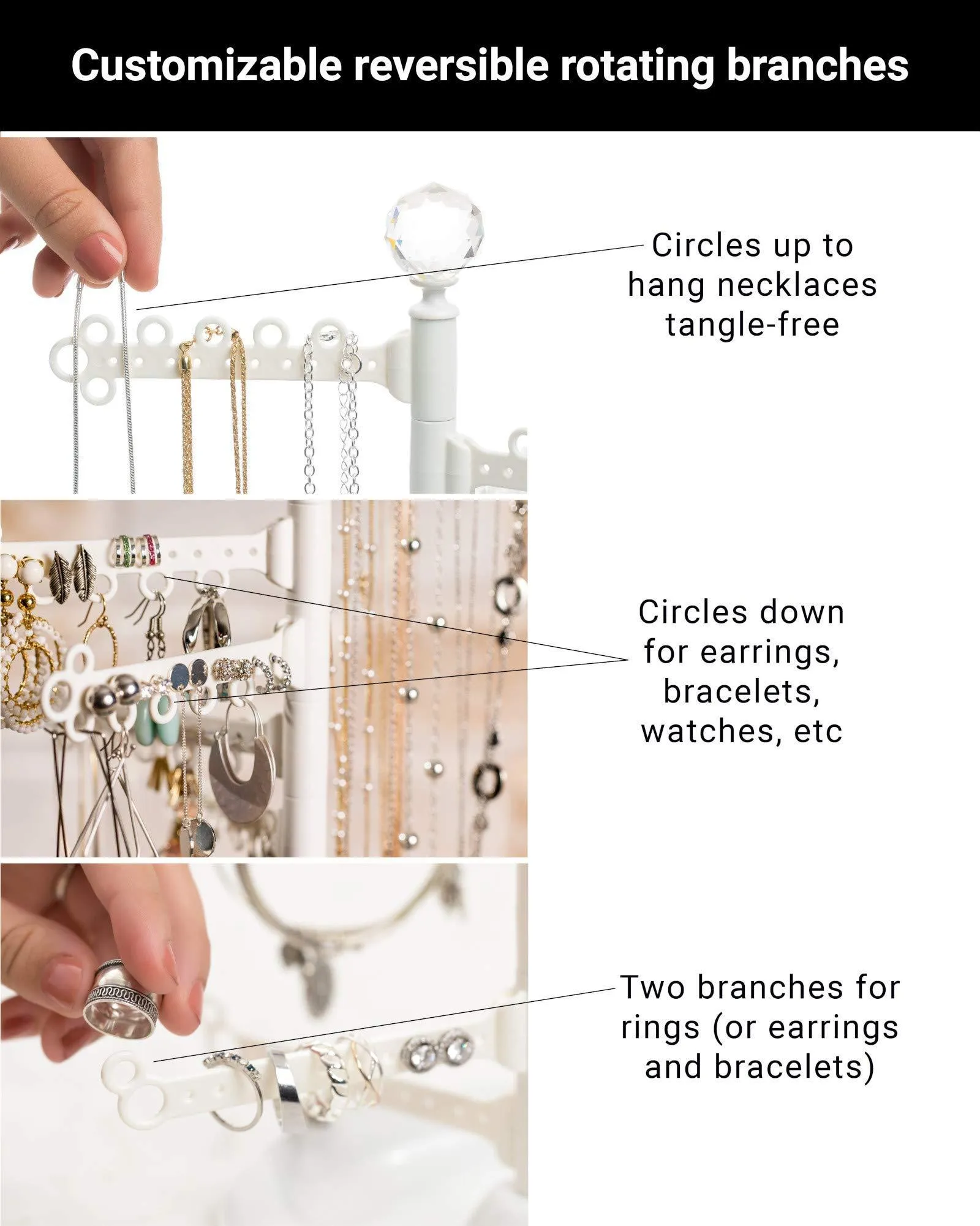 All Hung Up 12-Tier Extra Capacity Over The Door OR Wall Mounted Jewelry Organizer - Display Everything - Save Space - Long Necklaces, Earrings (110 Pairs), Rings, Bracelets - White