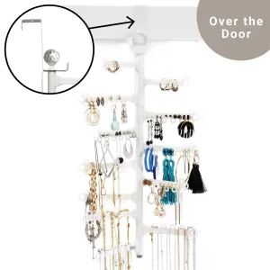 All Hung Up 12-Tier Extra Capacity Over The Door OR Wall Mounted Jewelry Organizer - Display Everything - Save Space - Long Necklaces, Earrings (110 Pairs), Rings, Bracelets - White