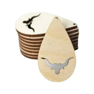 ALL SIZES BULK (12pc to 100pc) Unfinished Wood Wooden Laser Teardrop Longhorn Steer Cow Cutout Dangle Earring Jewelry Blanks Charms Shape Crafts Made