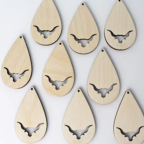 ALL SIZES BULK (12pc to 100pc) Unfinished Wood Wooden Laser Teardrop Longhorn Steer Cow Cutout Dangle Earring Jewelry Blanks Charms Shape Crafts Made