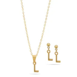 ALPHABET "L" GOLD SMALL PENDANT SHORT NECKLACE AND EARRINGS SET #SWKK-11768LGLD (TB3)