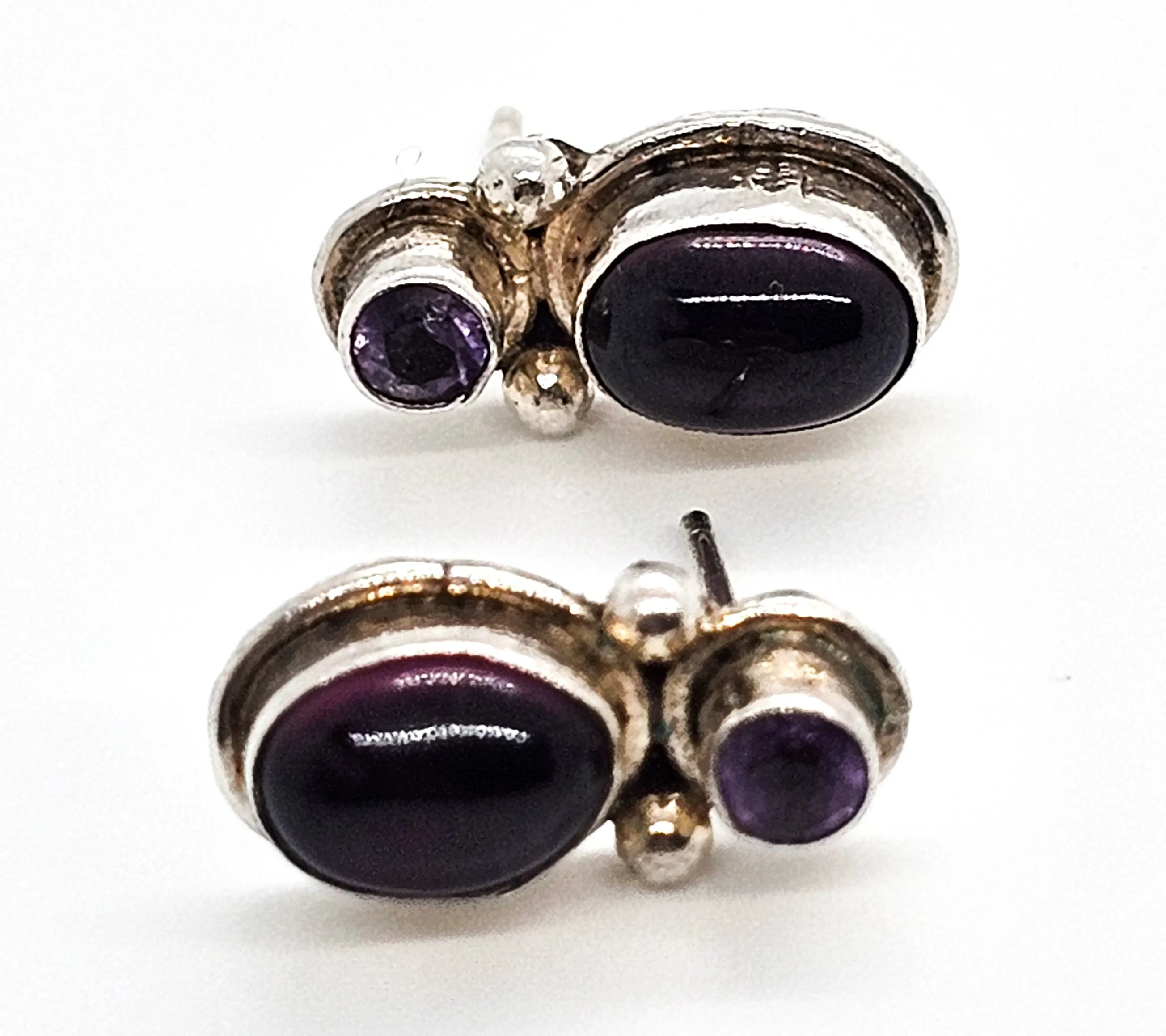 Amethyst and red garnet gemstone sterling silver stud earrings