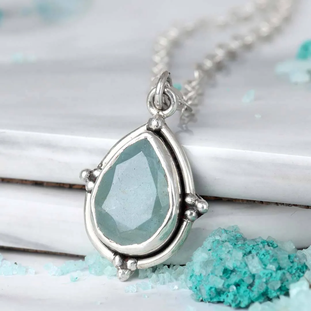 Aquamarine Teardrop Pendant Necklace Sterling Silver