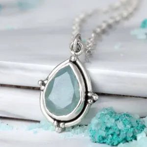 Aquamarine Teardrop Pendant Necklace Sterling Silver