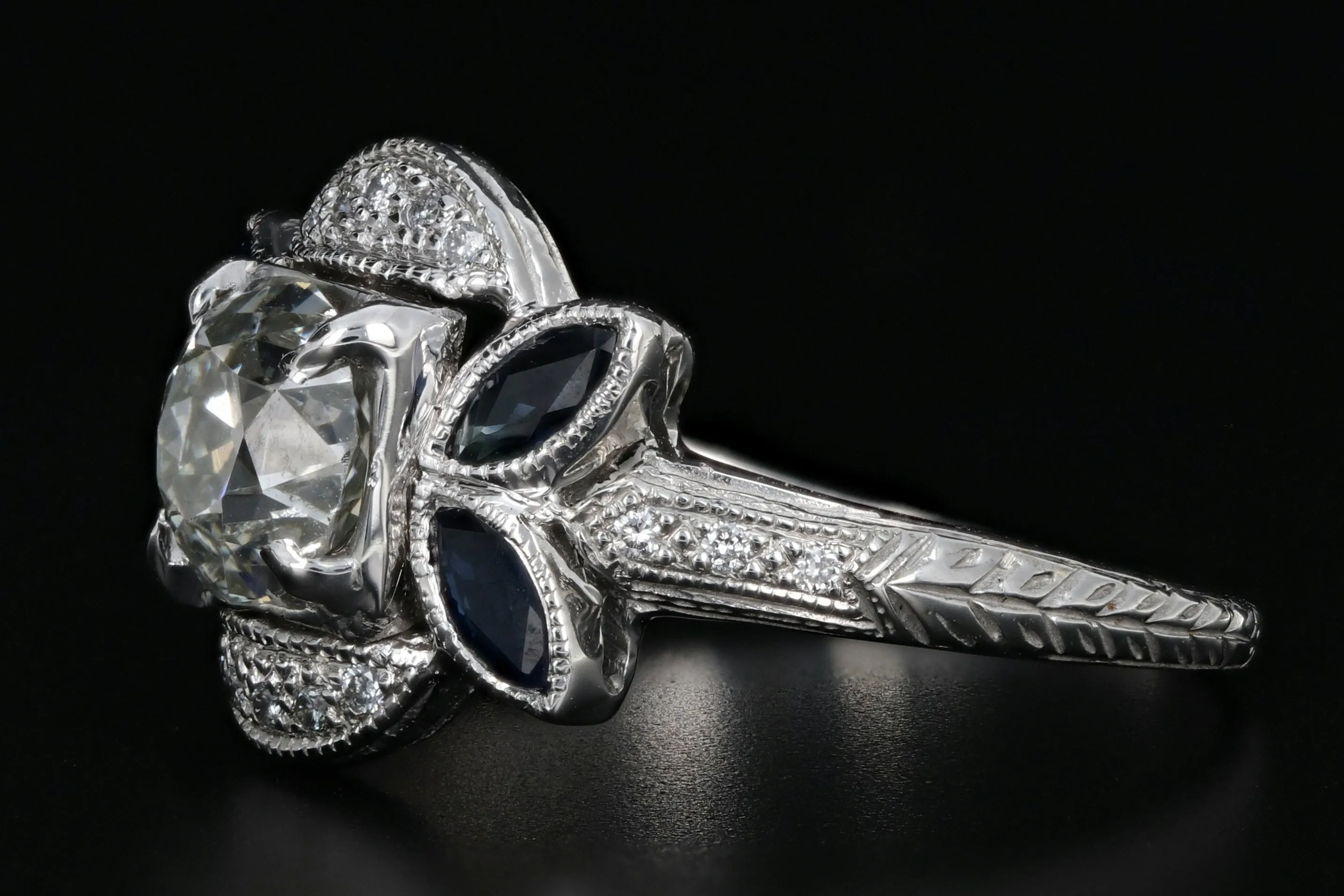 Art Deco 18K White Gold 1.16 Carat Old Mine Cut Diamond & Sapphire Ring GIA Certified