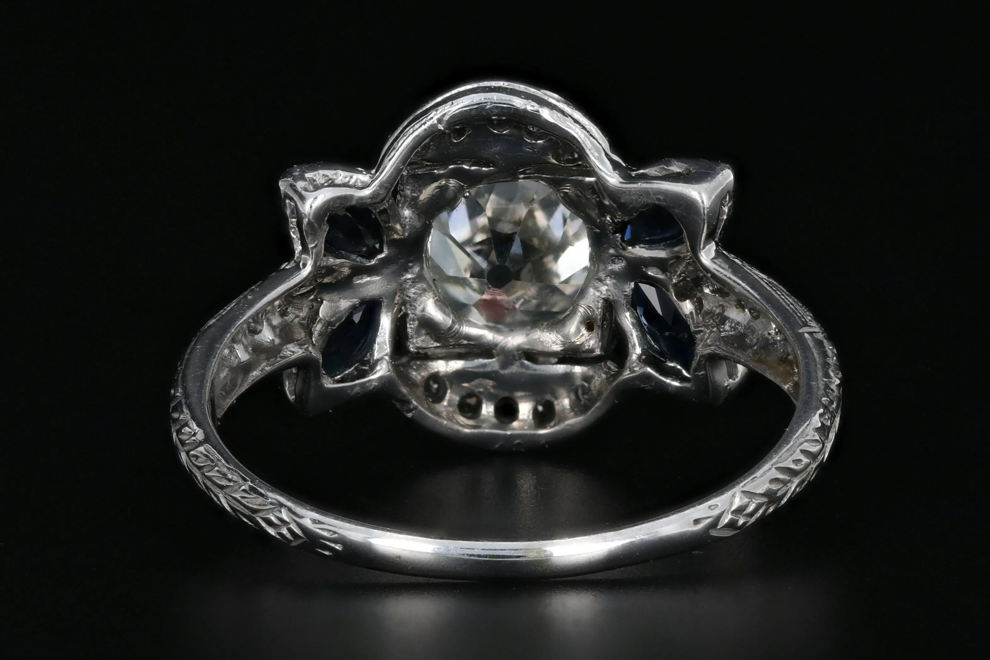 Art Deco 18K White Gold 1.16 Carat Old Mine Cut Diamond & Sapphire Ring GIA Certified