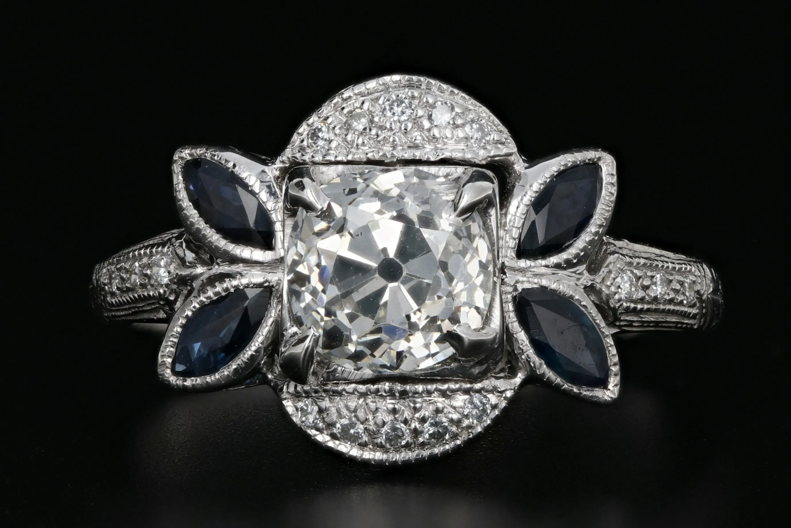 Art Deco 18K White Gold 1.16 Carat Old Mine Cut Diamond & Sapphire Ring GIA Certified