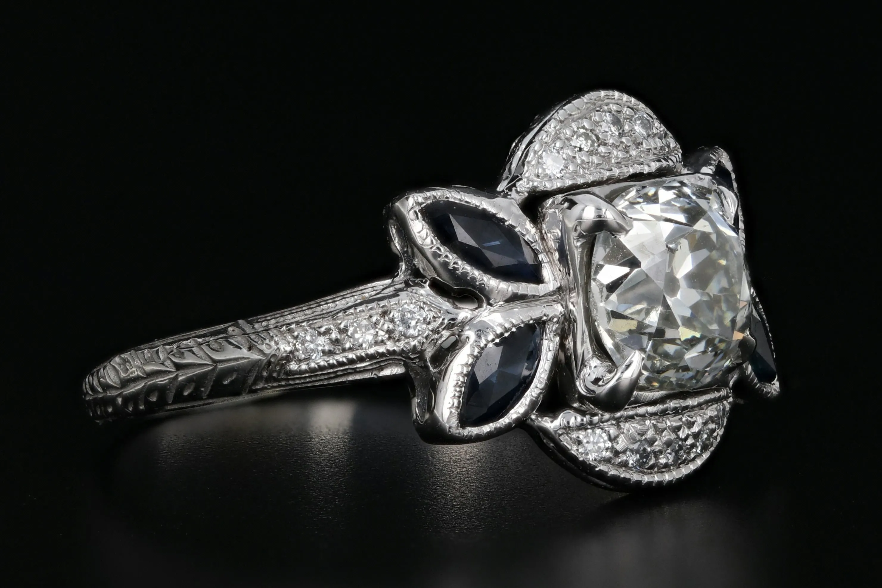 Art Deco 18K White Gold 1.16 Carat Old Mine Cut Diamond & Sapphire Ring GIA Certified