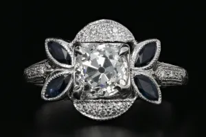 Art Deco 18K White Gold 1.16 Carat Old Mine Cut Diamond & Sapphire Ring GIA Certified