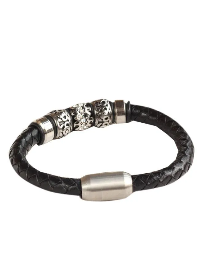 Bead and Braided Stainless Steel Black Leather Bracelet