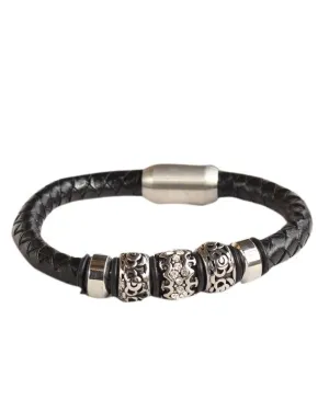 Bead and Braided Stainless Steel Black Leather Bracelet