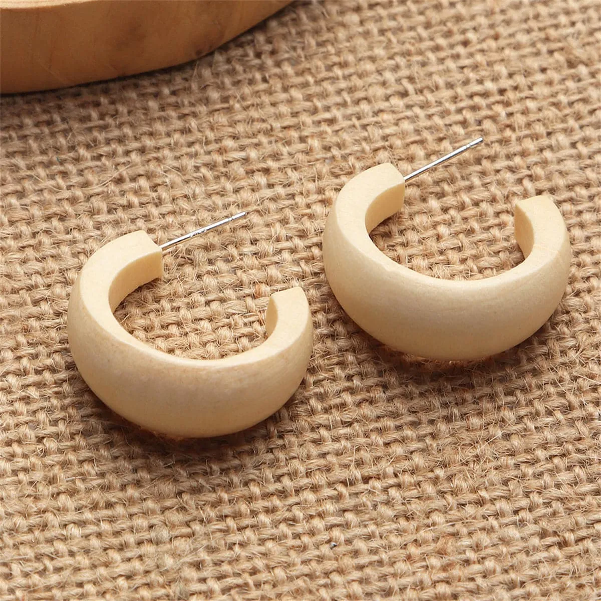 Beige Wood & Silver-Plated Huggie Earrings