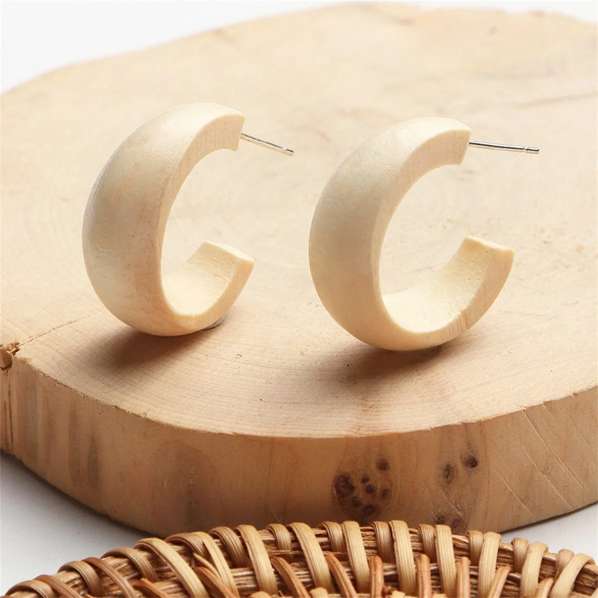 Beige Wood & Silver-Plated Huggie Earrings