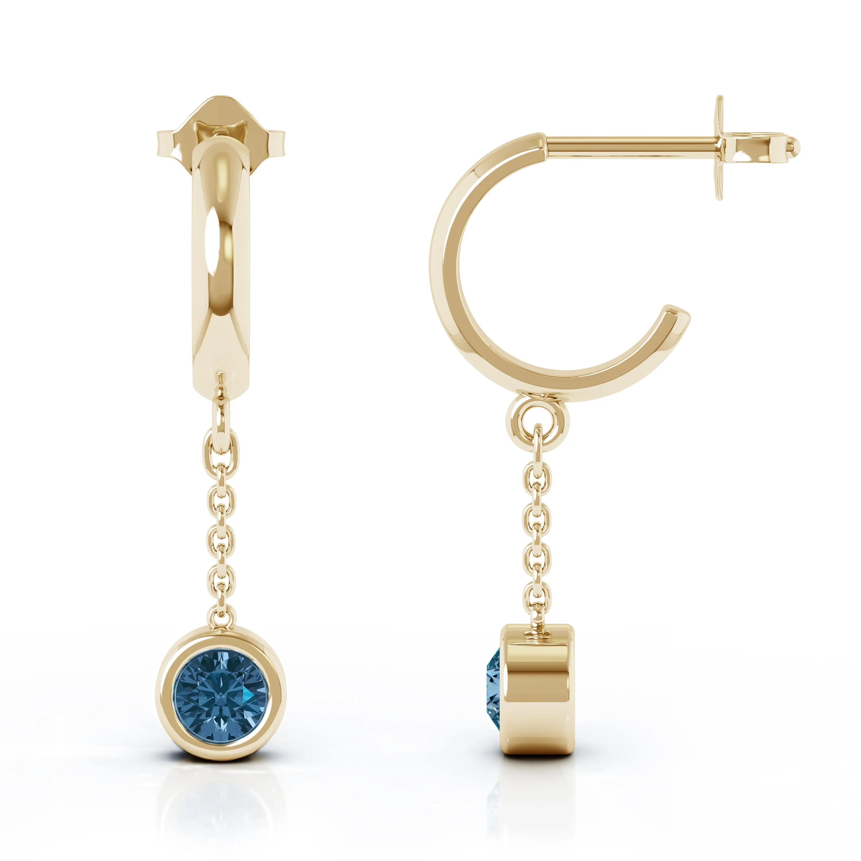 Bezel Set 5MM Gemstone Huggie Chain Earrings in 14K Gold