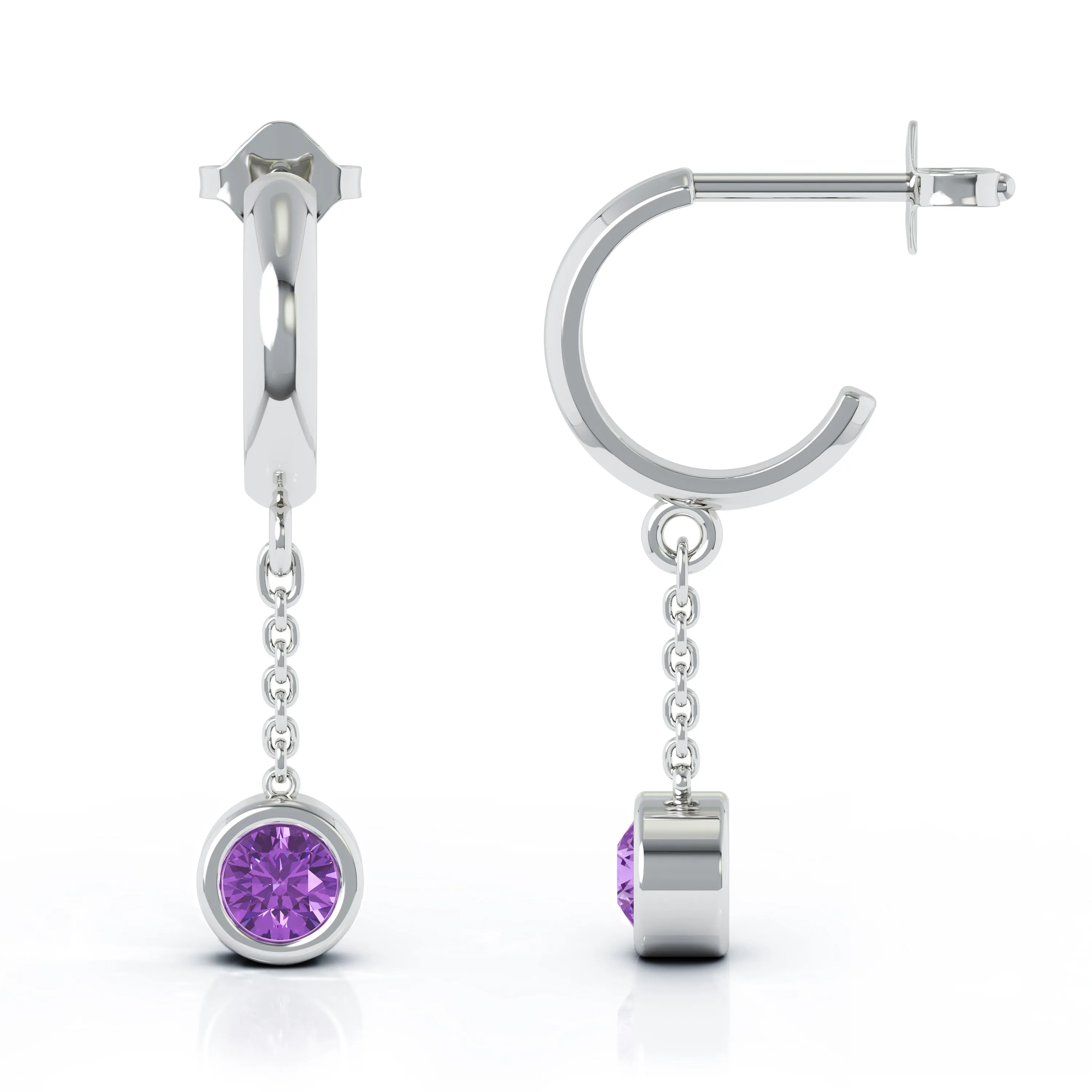 Bezel Set 5MM Gemstone Huggie Chain Earrings in 14K Gold