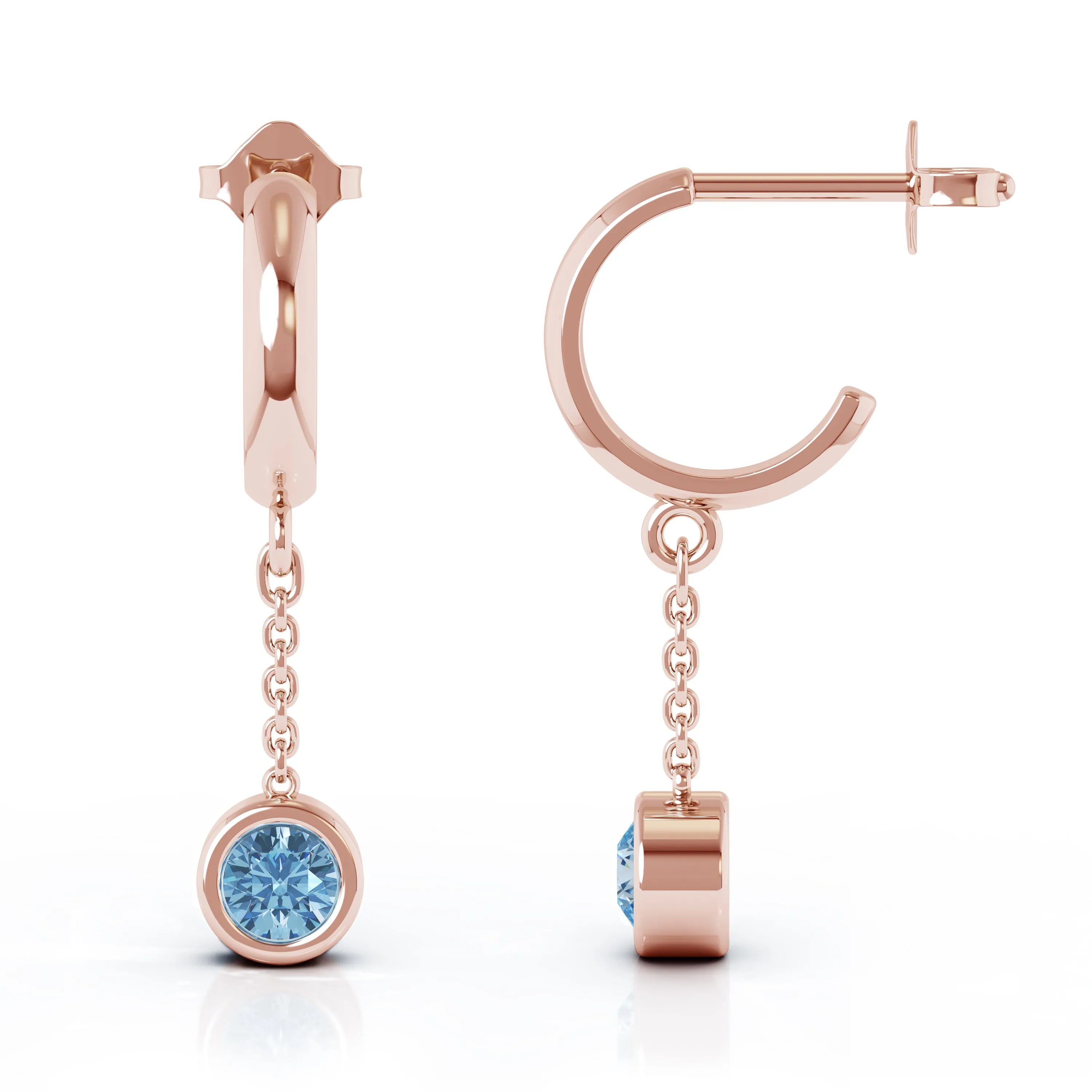 Bezel Set 5MM Gemstone Huggie Chain Earrings in 14K Gold