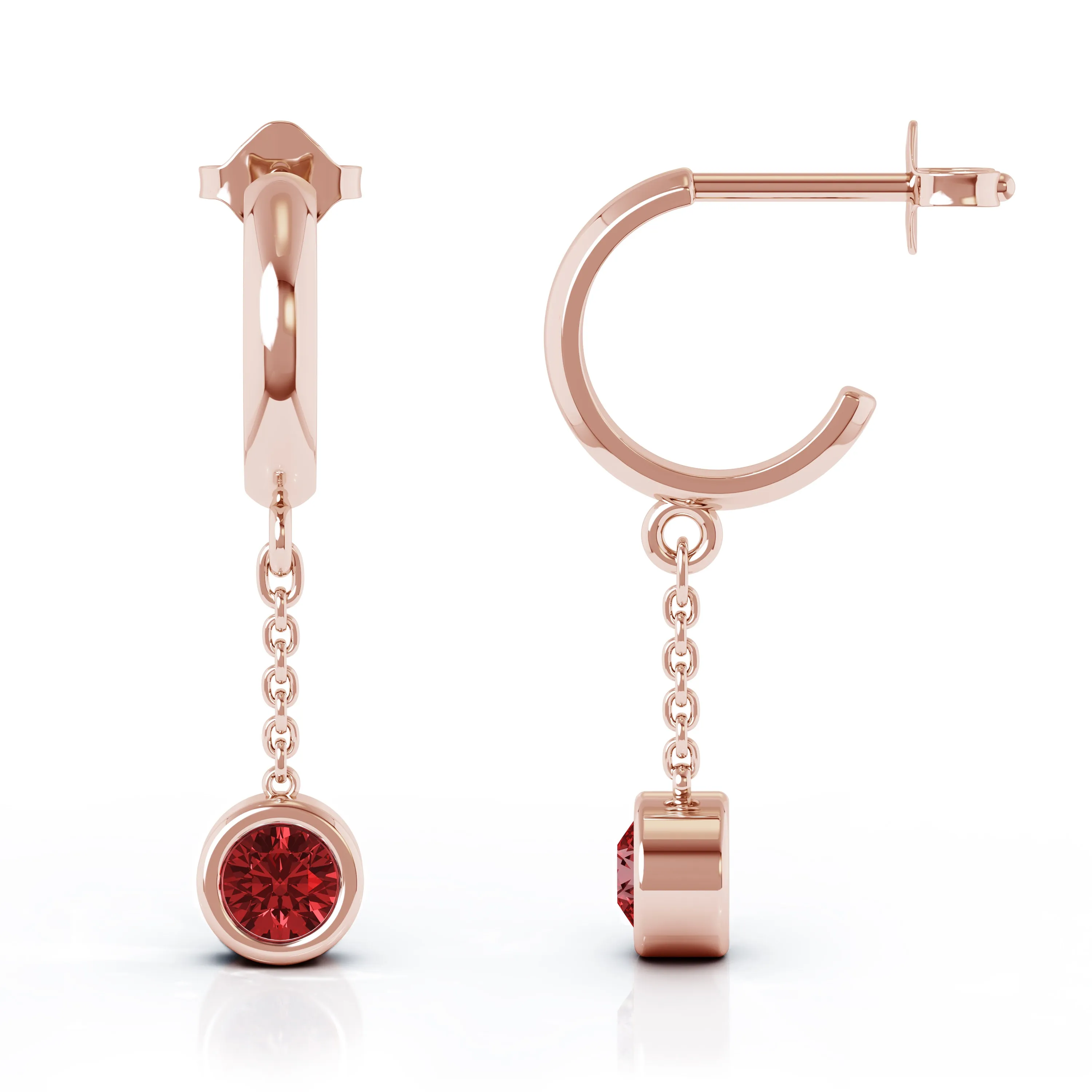 Bezel Set 5MM Gemstone Huggie Chain Earrings in 14K Gold