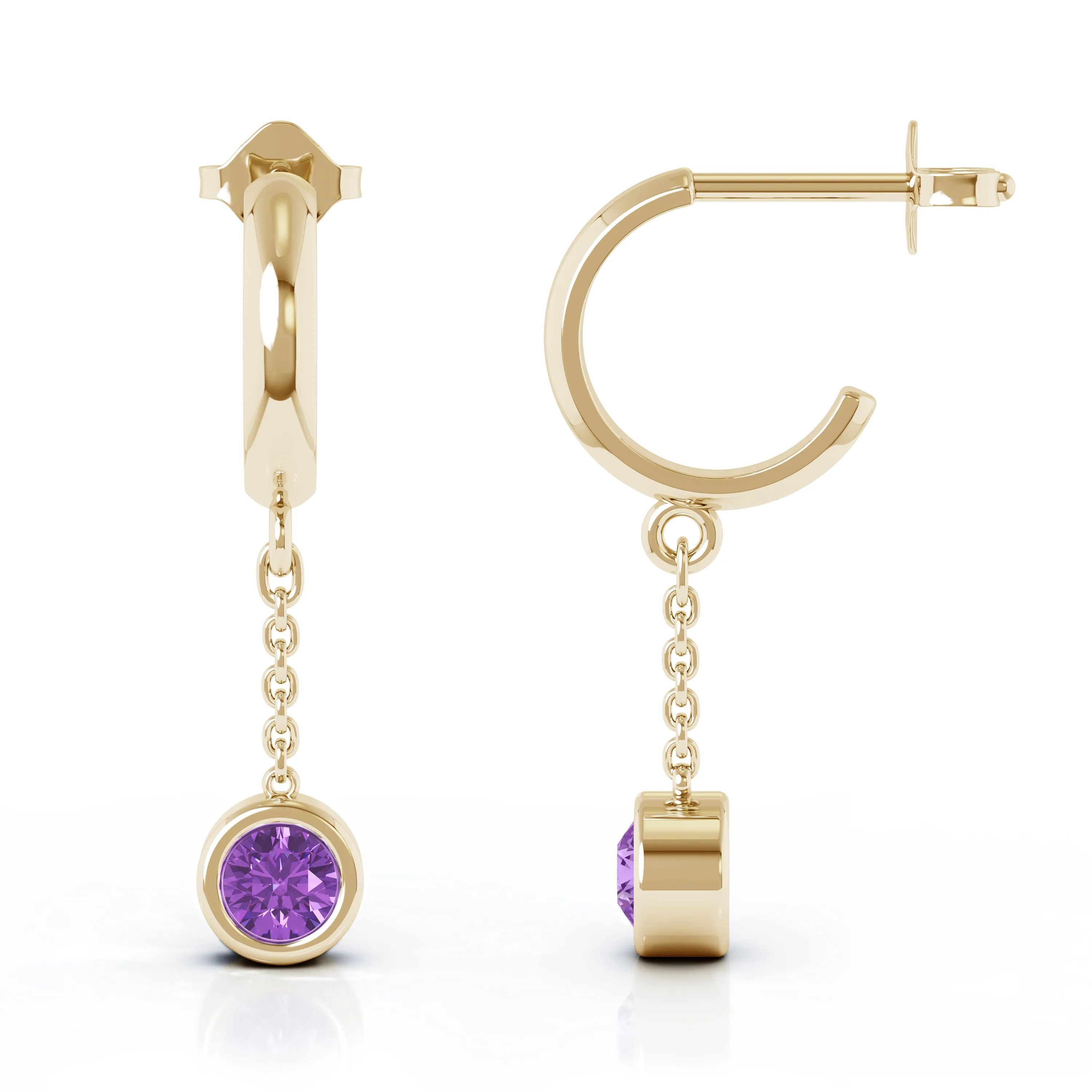 Bezel Set 5MM Gemstone Huggie Chain Earrings in 14K Gold