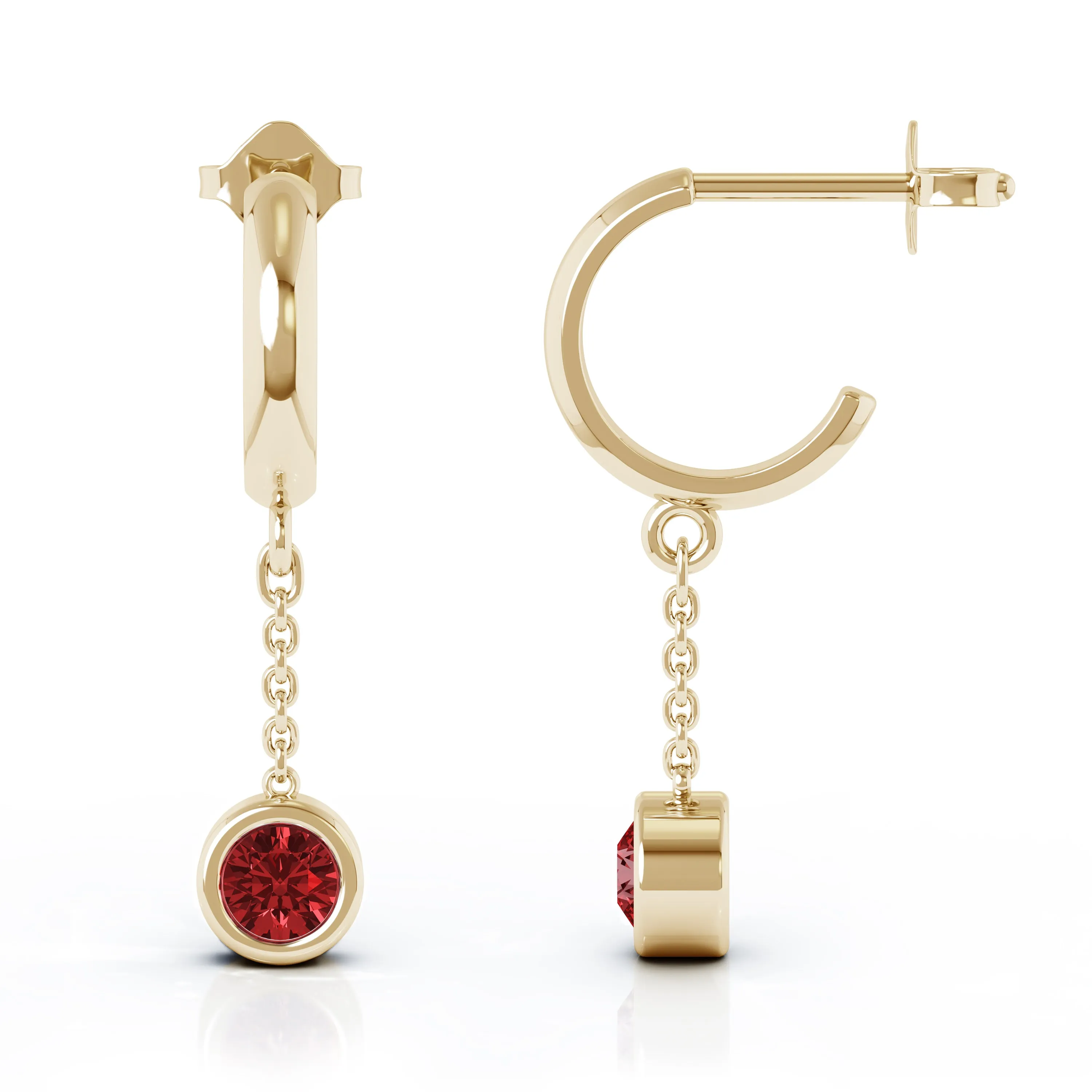 Bezel Set 5MM Gemstone Huggie Chain Earrings in 14K Gold