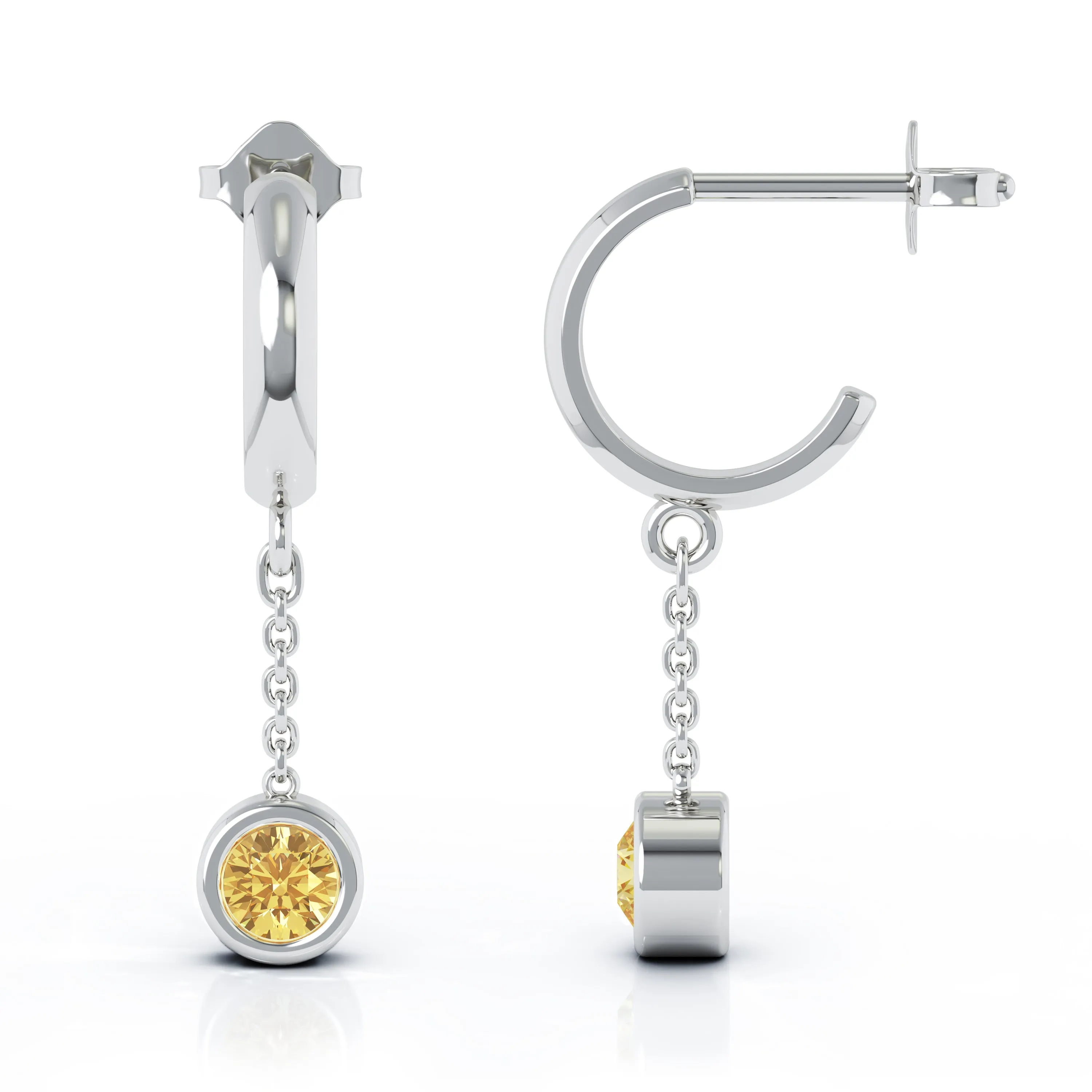 Bezel Set 5MM Gemstone Huggie Chain Earrings in 14K Gold