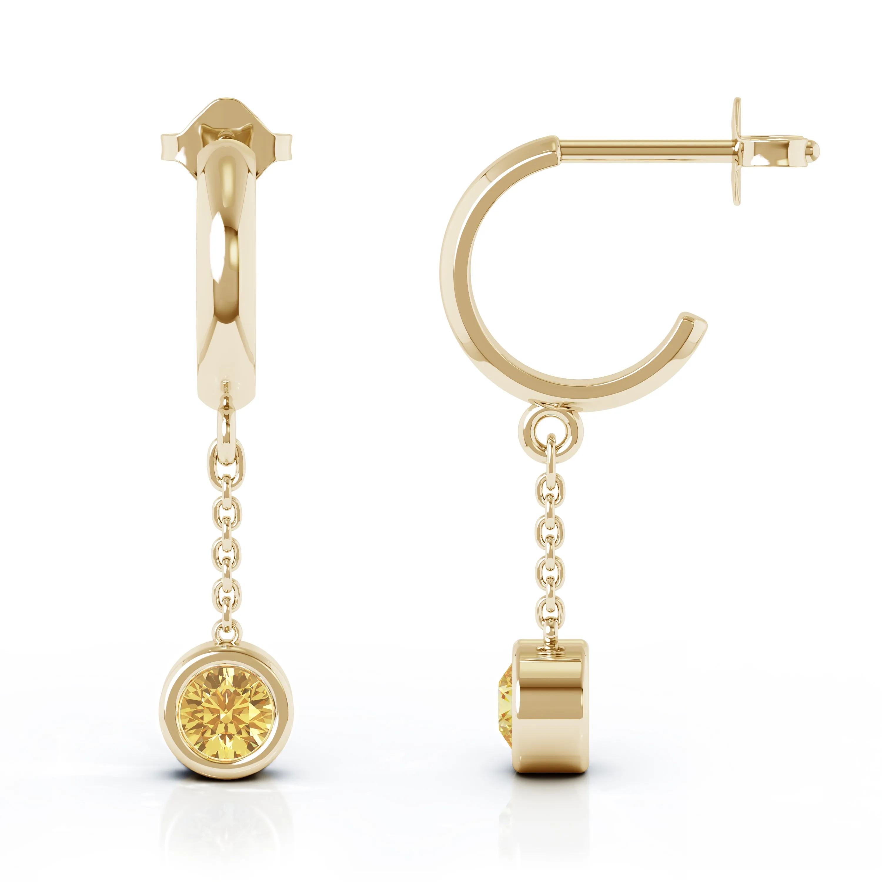 Bezel Set 5MM Gemstone Huggie Chain Earrings in 14K Gold