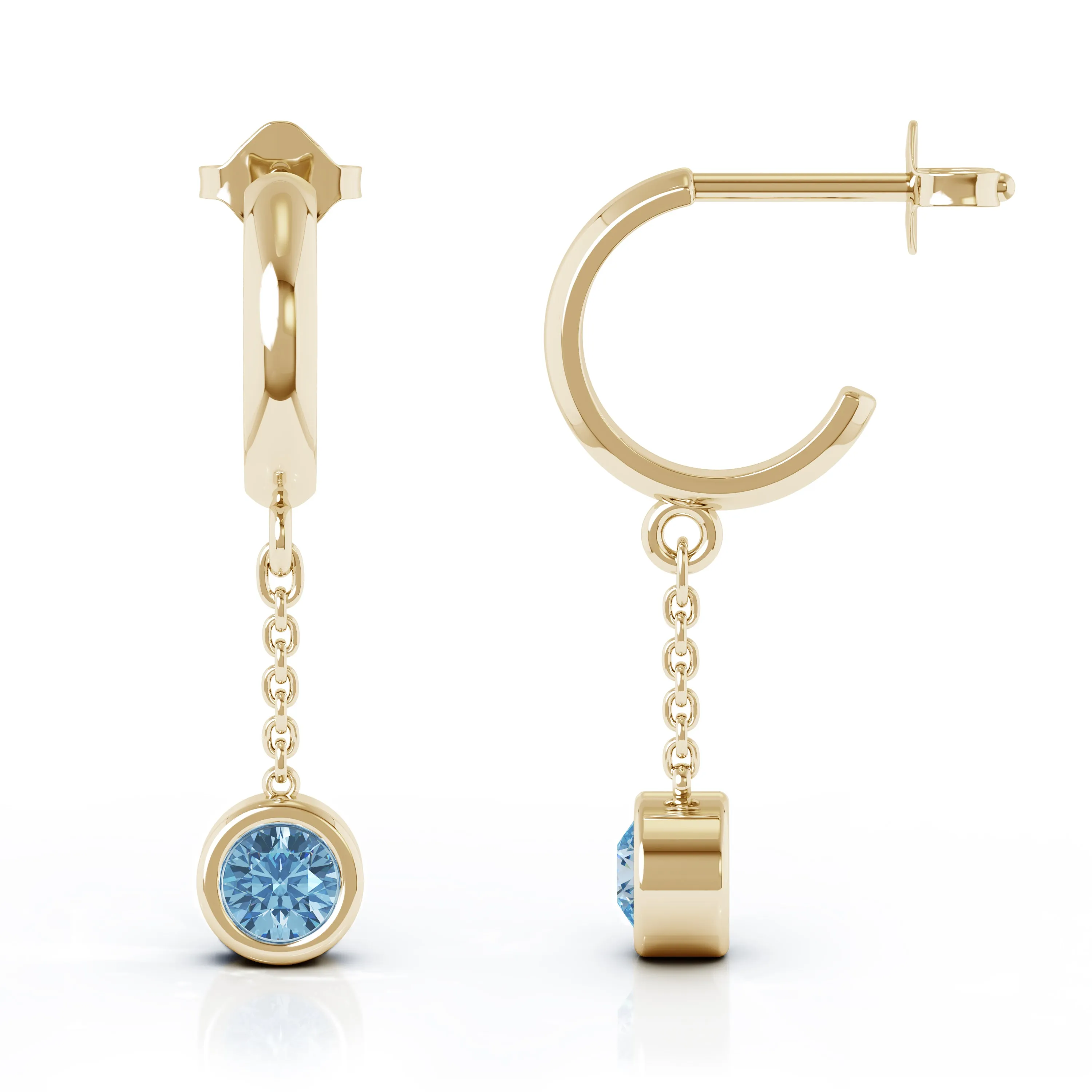 Bezel Set 5MM Gemstone Huggie Chain Earrings in 14K Gold