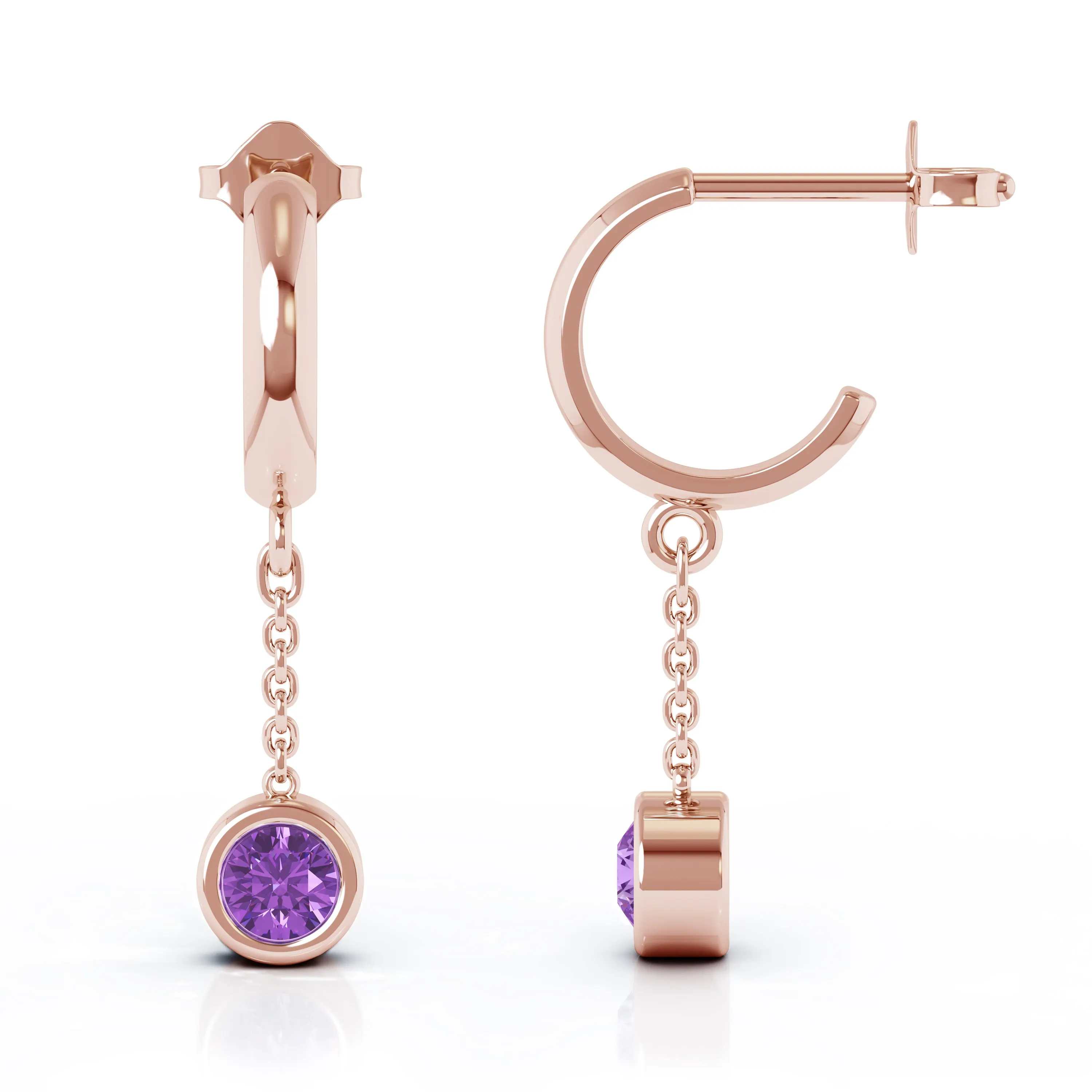 Bezel Set 5MM Gemstone Huggie Chain Earrings in 14K Gold