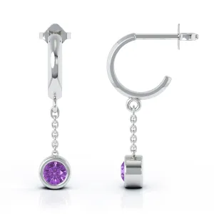 Bezel Set 5MM Gemstone Huggie Chain Earrings in 14K Gold