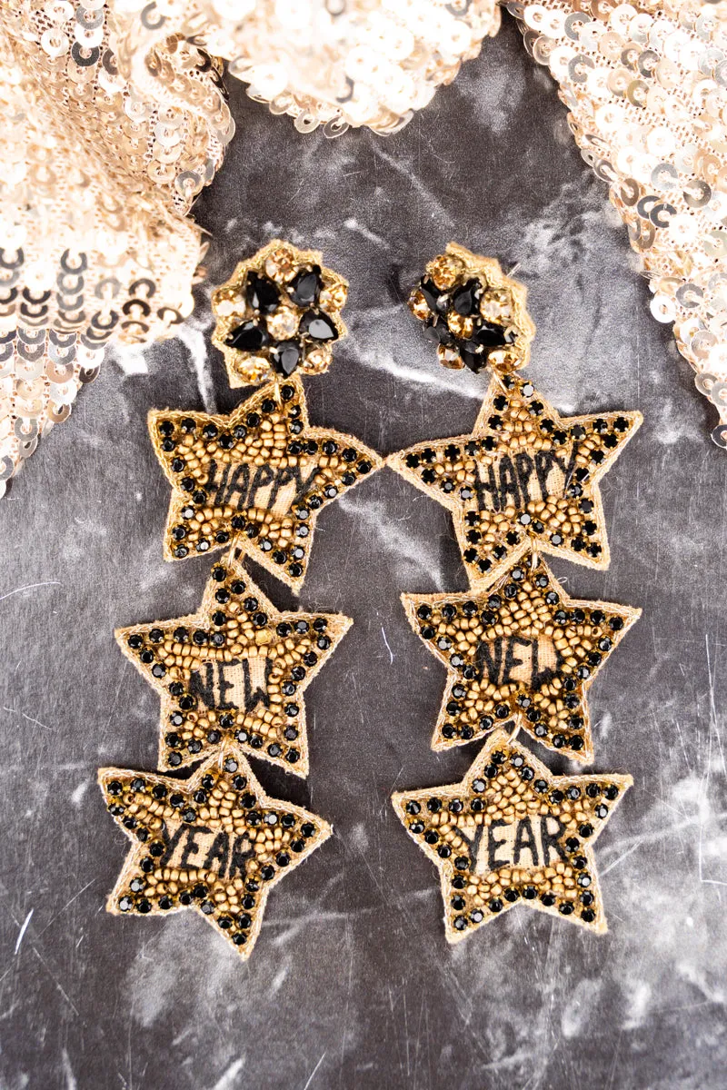 Black and Gold Happy New Year Star Trio Earrings