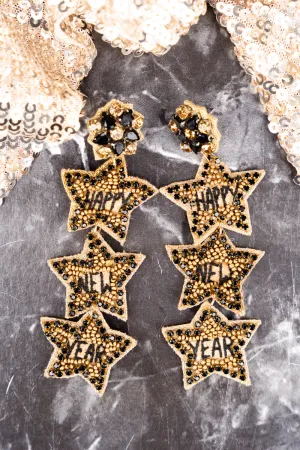 Black and Gold Happy New Year Star Trio Earrings