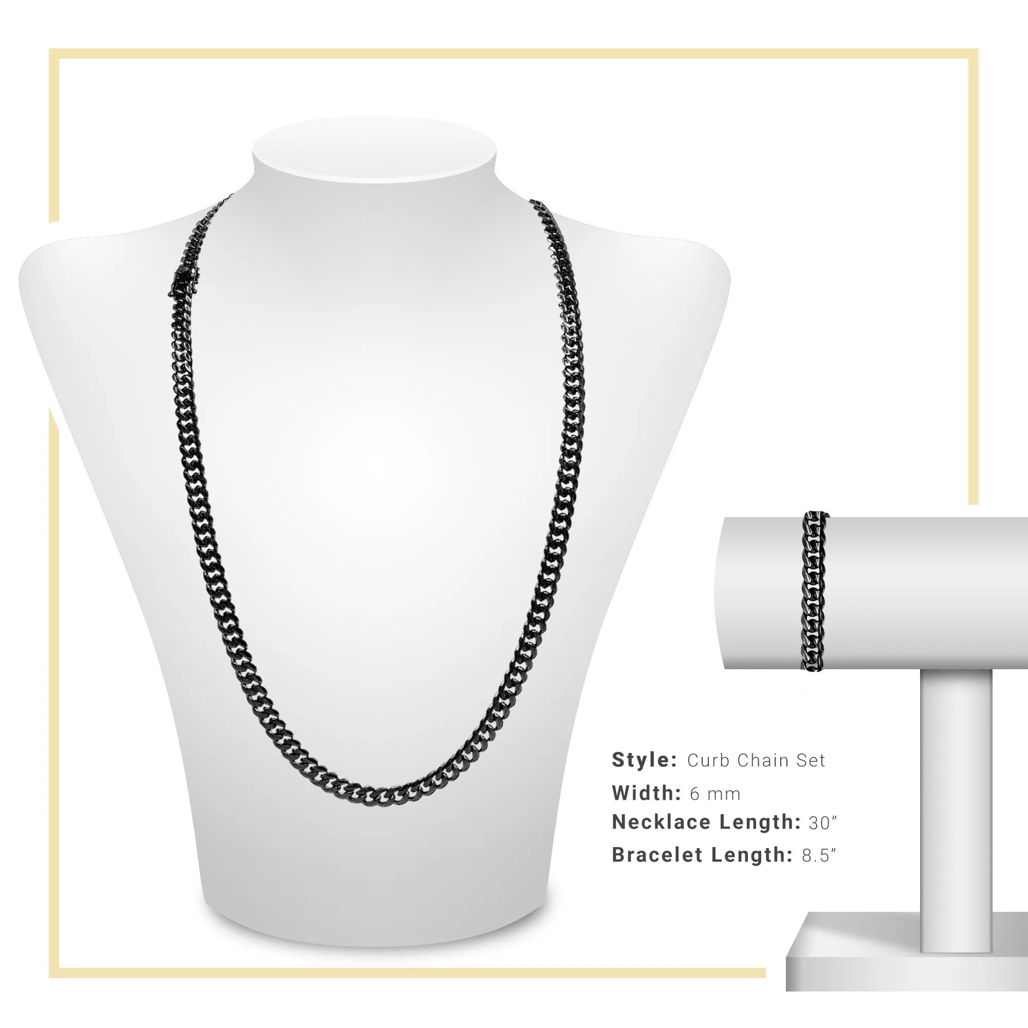 Black Cuban Link Chain Necklace 30" Bracelet 8.5" Stainless Steel Set For Men