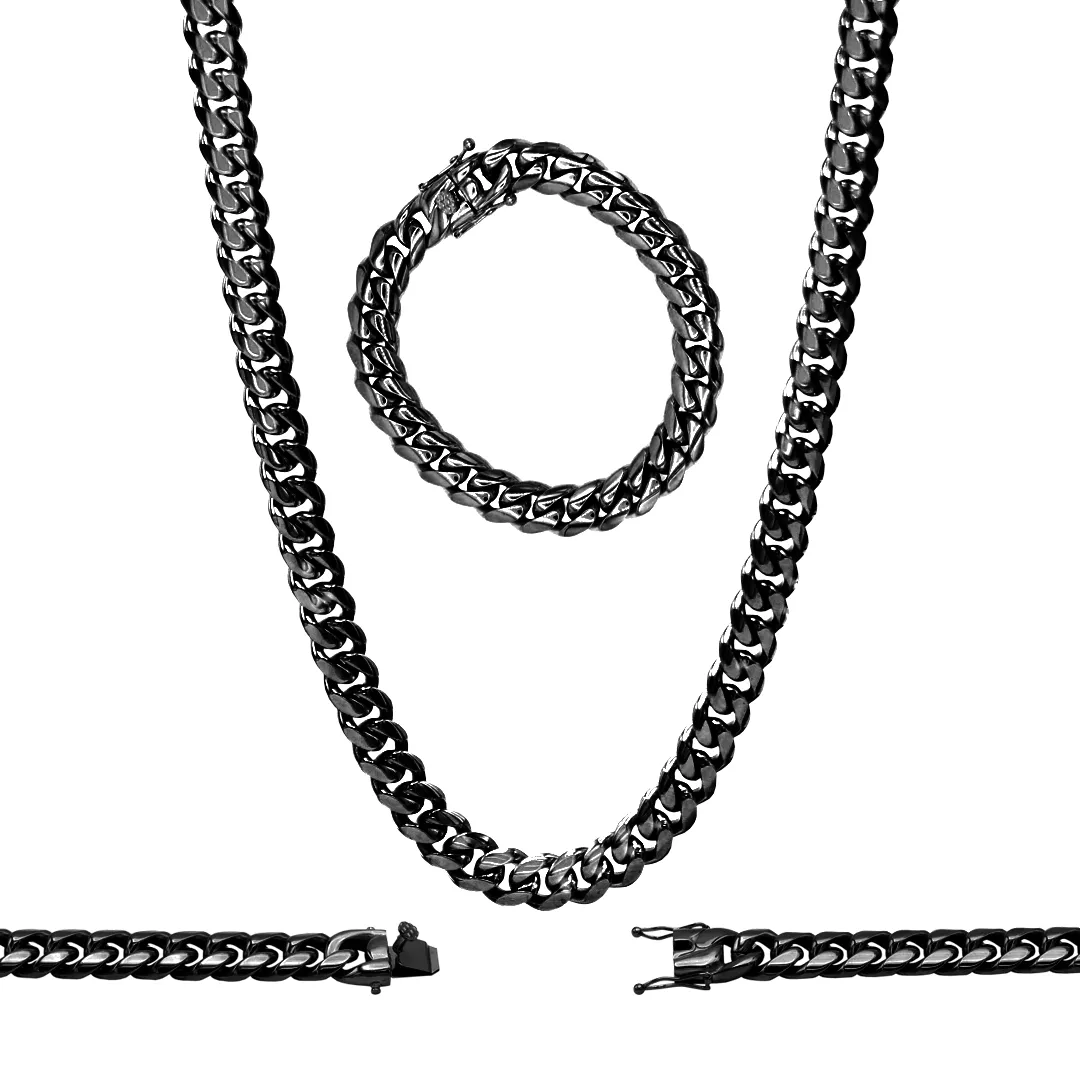 Black Cuban Link Chain Necklace 30" Bracelet 8.5" Stainless Steel Set For Men