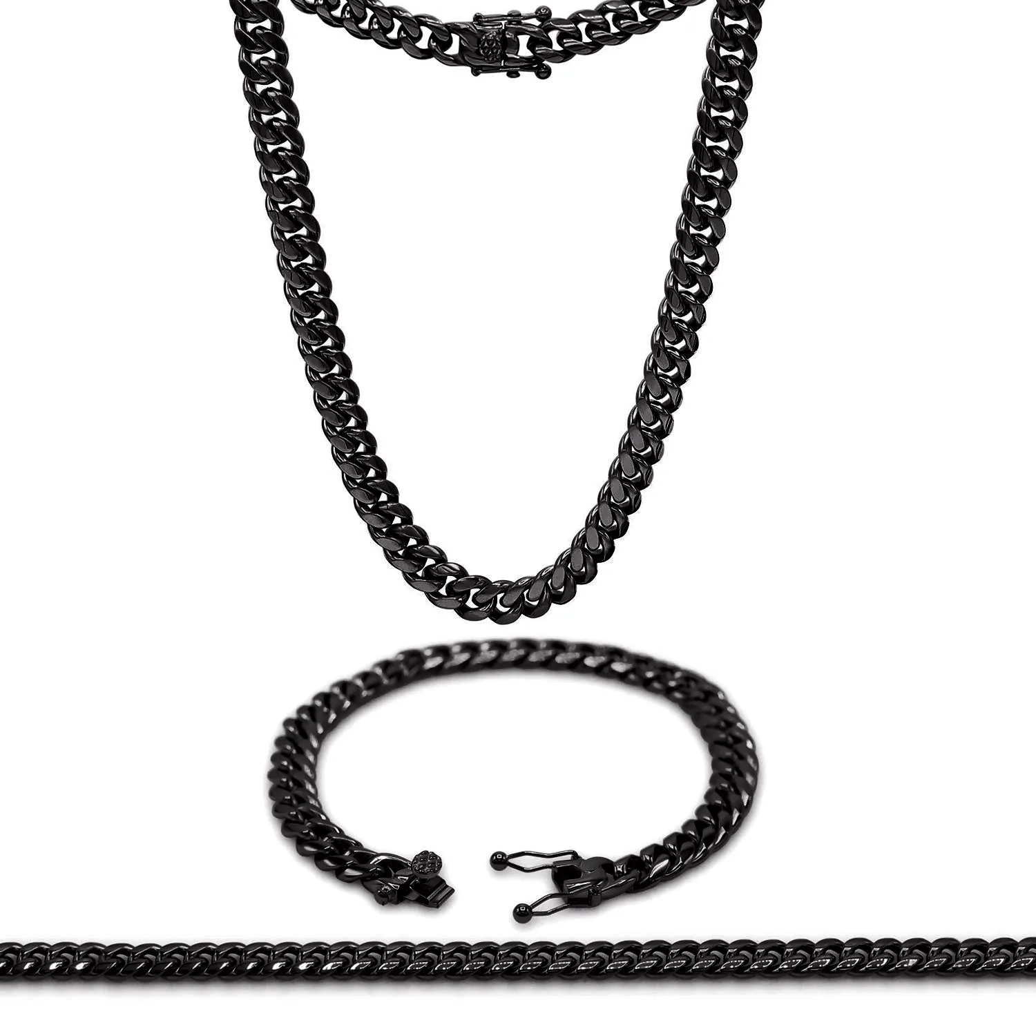 Black Cuban Link Chain Necklace 30" Bracelet 8.5" Stainless Steel Set For Men