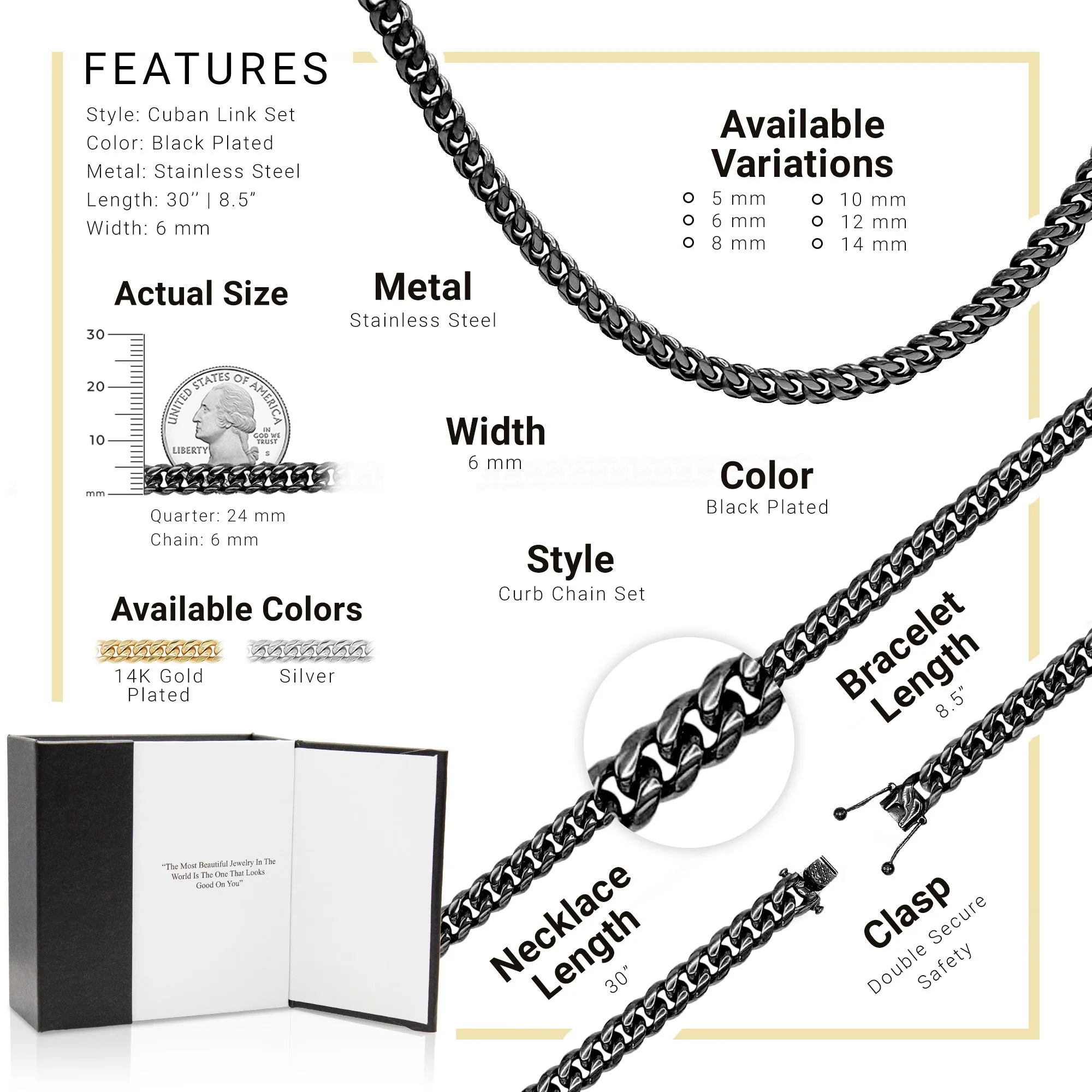 Black Cuban Link Chain Necklace 30" Bracelet 8.5" Stainless Steel Set For Men