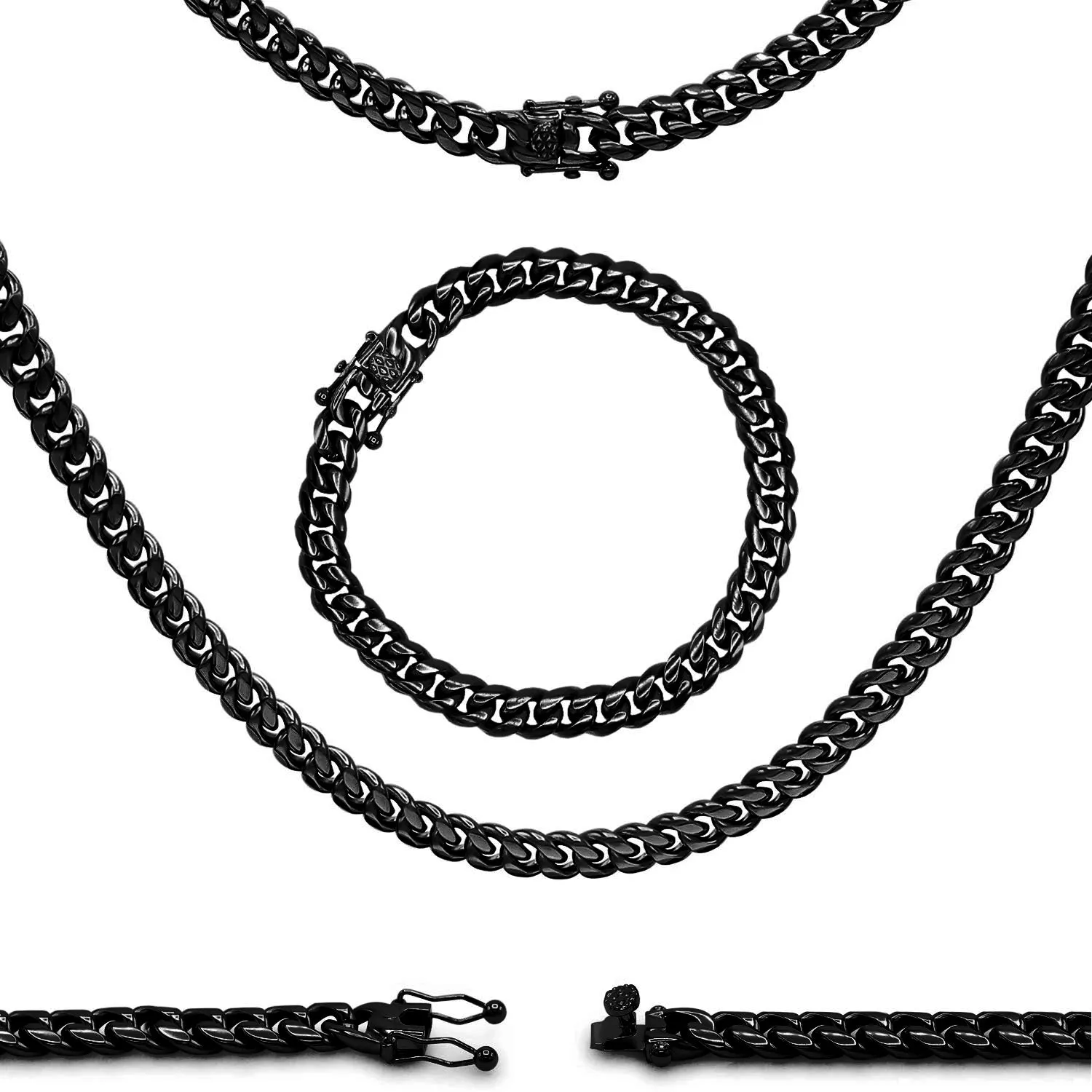 Black Cuban Link Chain Necklace 30" Bracelet 8.5" Stainless Steel Set For Men