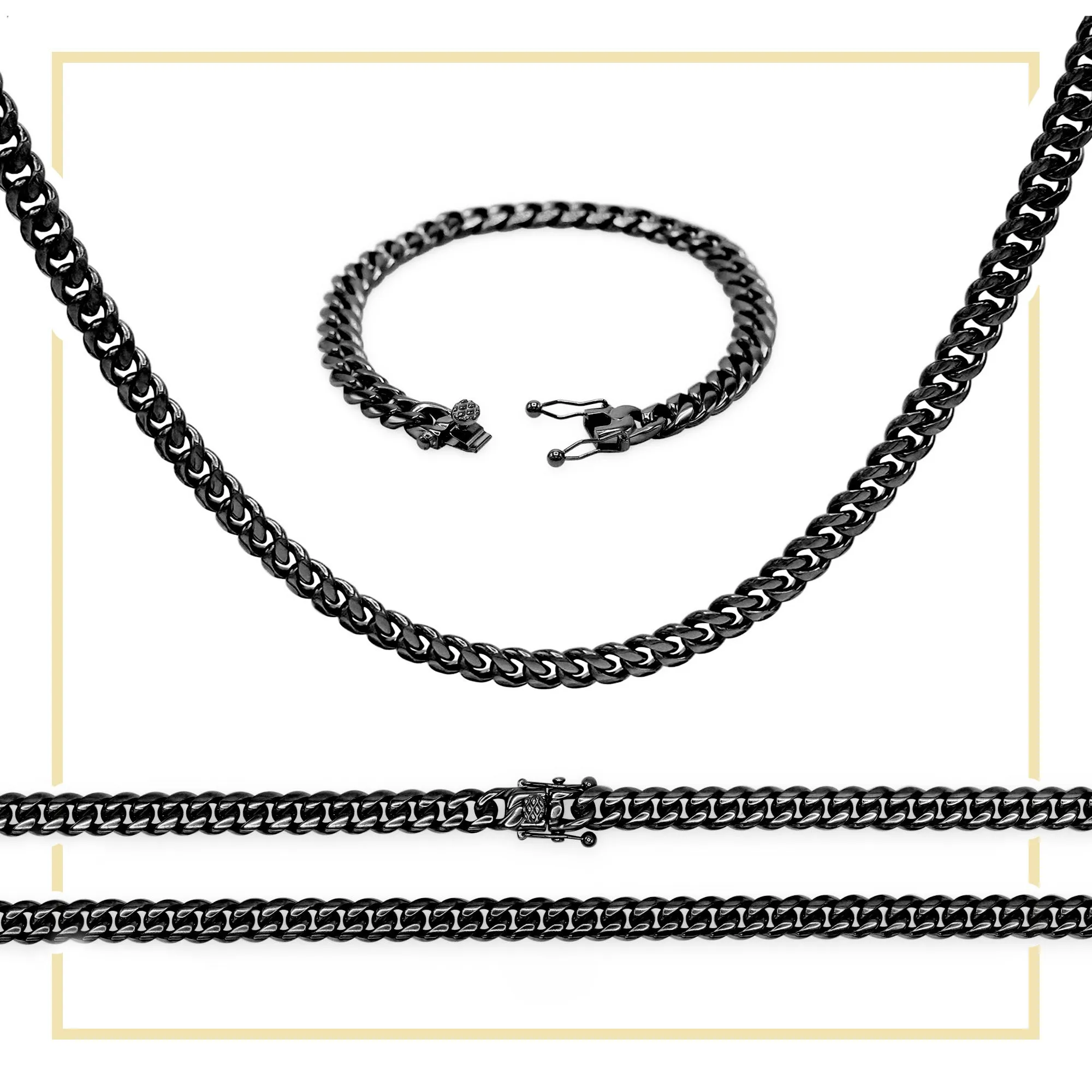 Black Cuban Link Chain Necklace 30" Bracelet 8.5" Stainless Steel Set For Men