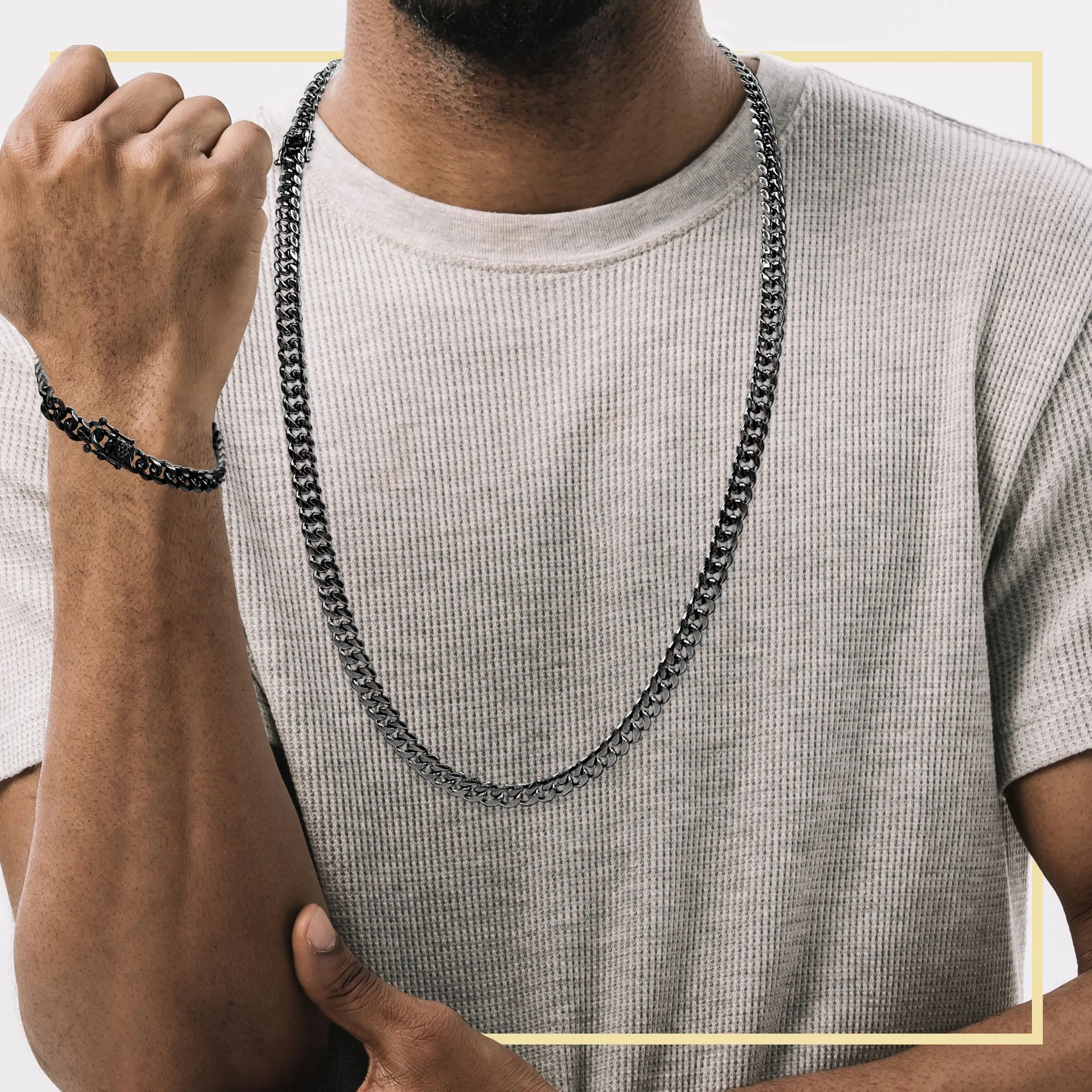 Black Cuban Link Chain Necklace 30" Bracelet 8.5" Stainless Steel Set For Men