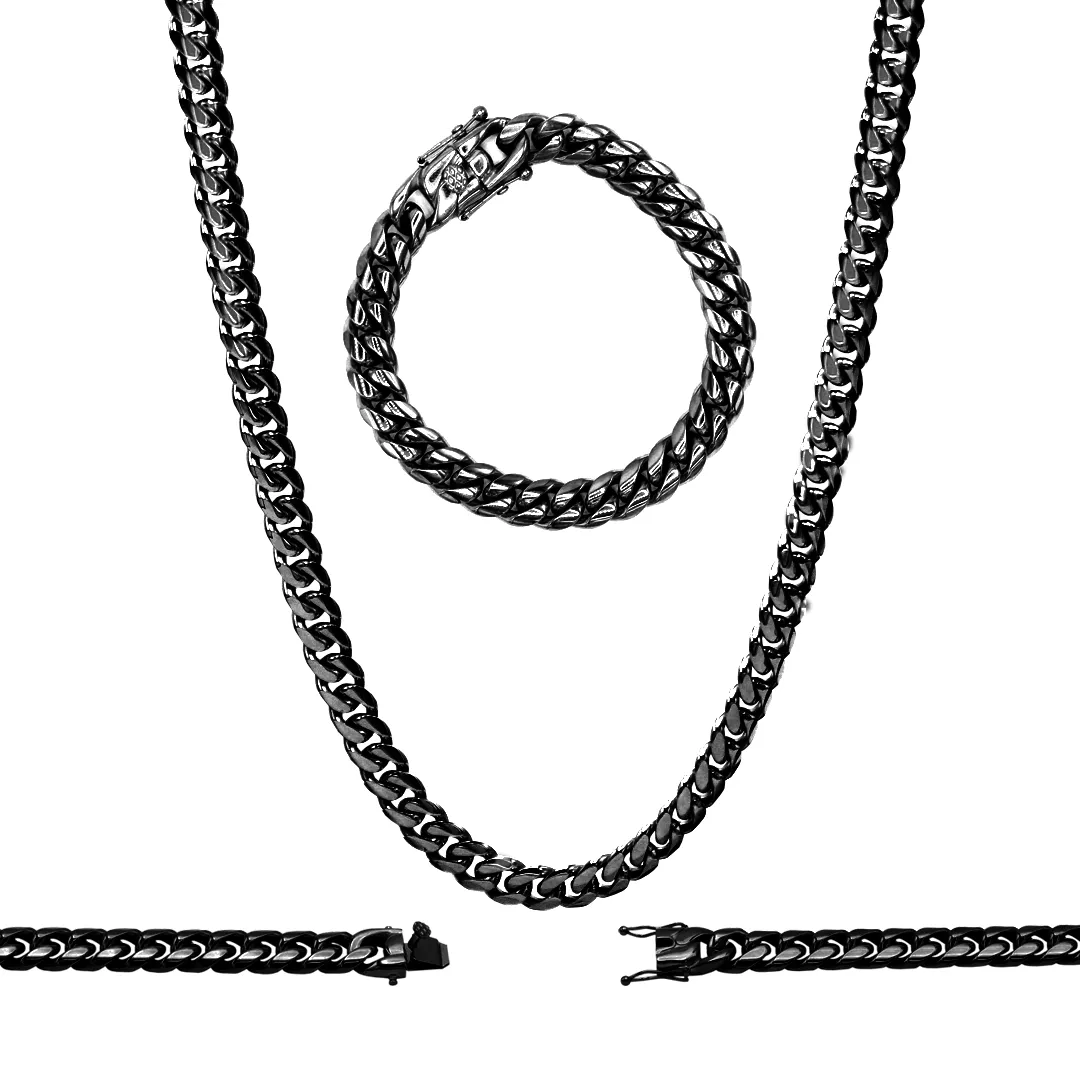 Black Cuban Link Chain Necklace 30" Bracelet 8.5" Stainless Steel Set For Men