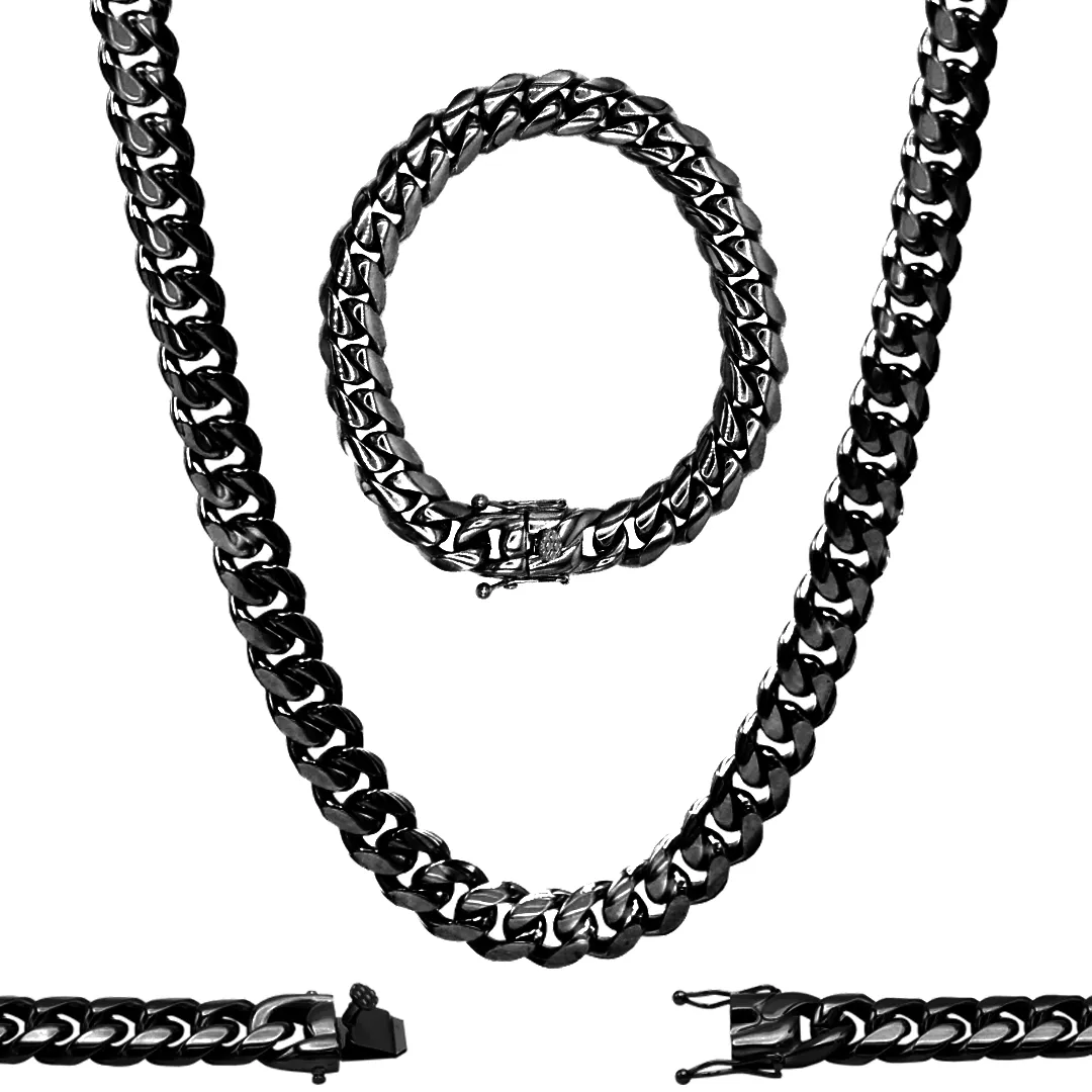 Black Cuban Link Chain Necklace 30" Bracelet 8.5" Stainless Steel Set For Men