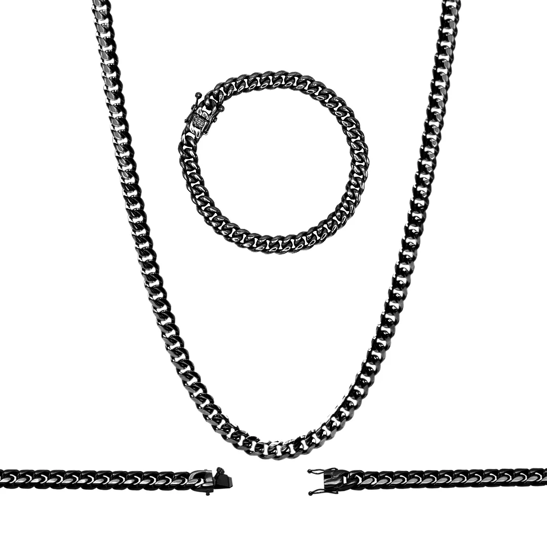 Black Cuban Link Chain Necklace 30" Bracelet 8.5" Stainless Steel Set For Men