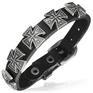 Black Leather Alloy Silver-Tone Cross Links Adjustable Wristband Wrap Bracelet