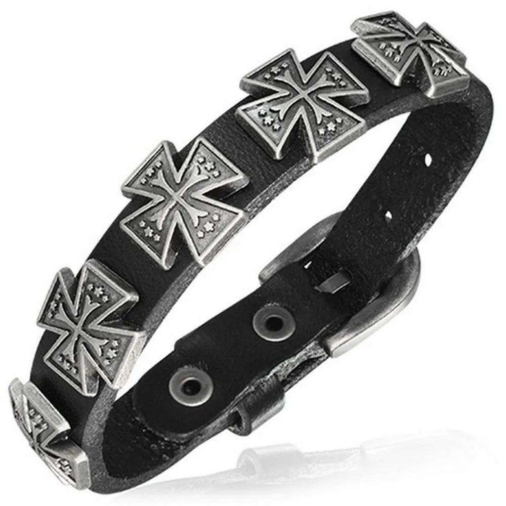 Black Leather Alloy Silver-Tone Cross Links Adjustable Wristband Wrap Bracelet