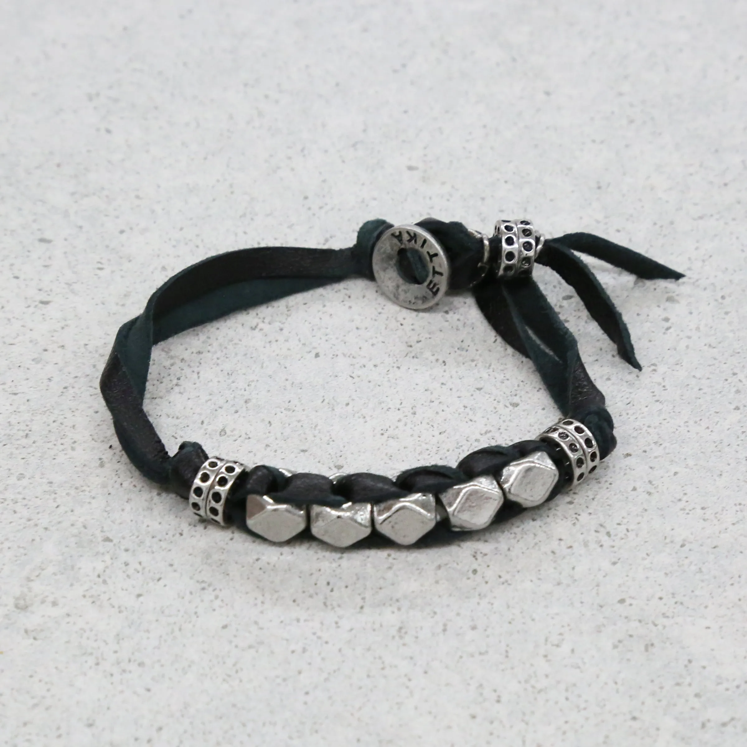 Black Leather Bracelet with Silver Faceted Beads and Donut Rings